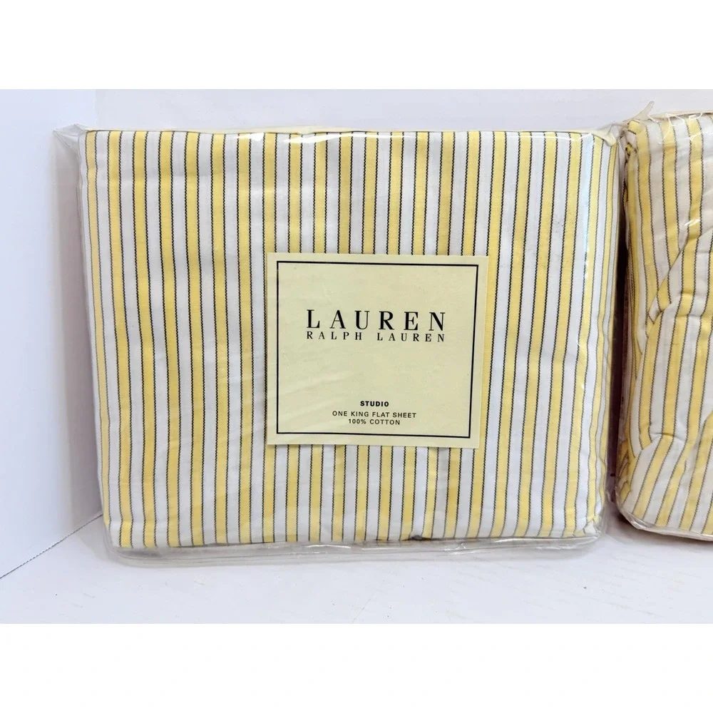 Vintage Ralph Lauren Studio King Sheet Set Yellow Stripe Flat Fitted Cotton NOS